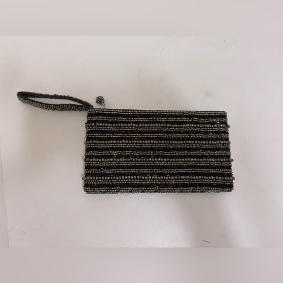 Handbags - Black silver Beaded mini clutch small purse‎ wristlet striped evening retro
